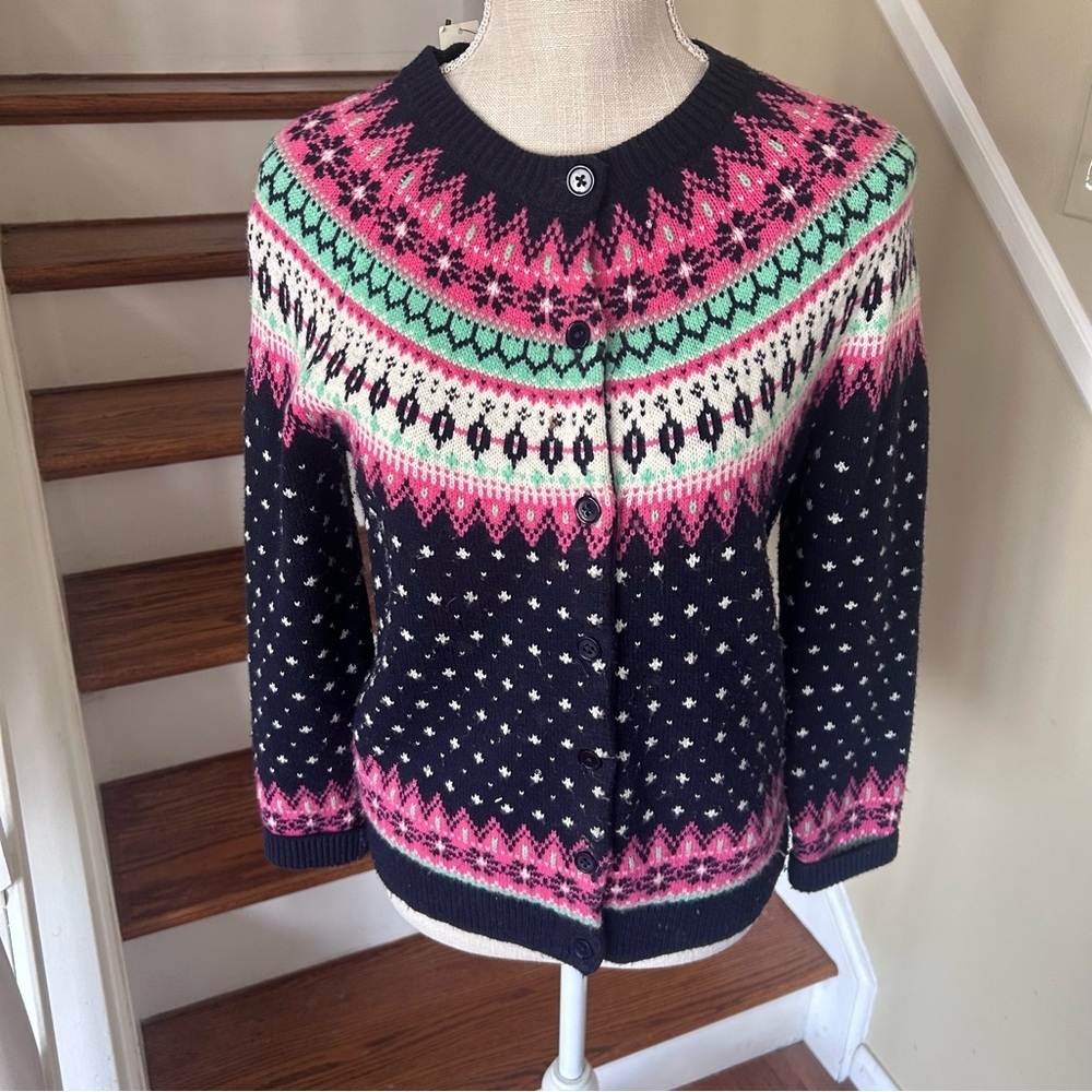NWT Talbots Falling Snow Fair Isle Lambswool‎ Blend Cardigan MP Preppy Nordic